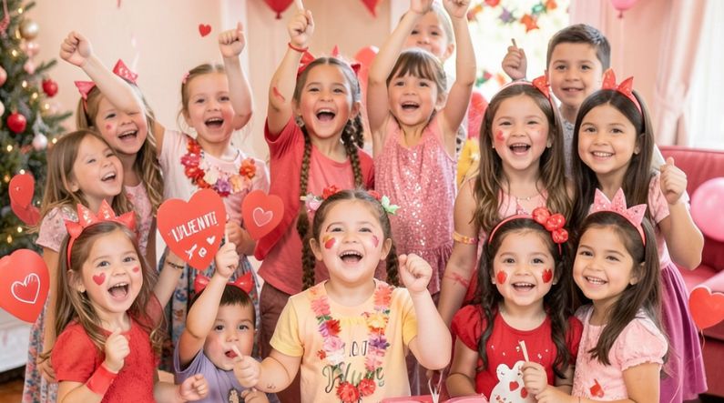 Children smiling and celebrating together during a Sensory-Friendly Valentine’s Day, showing inclusive Valentine’s Day activities designed to support joyful and comfortable Valentine’s Day celebrations.