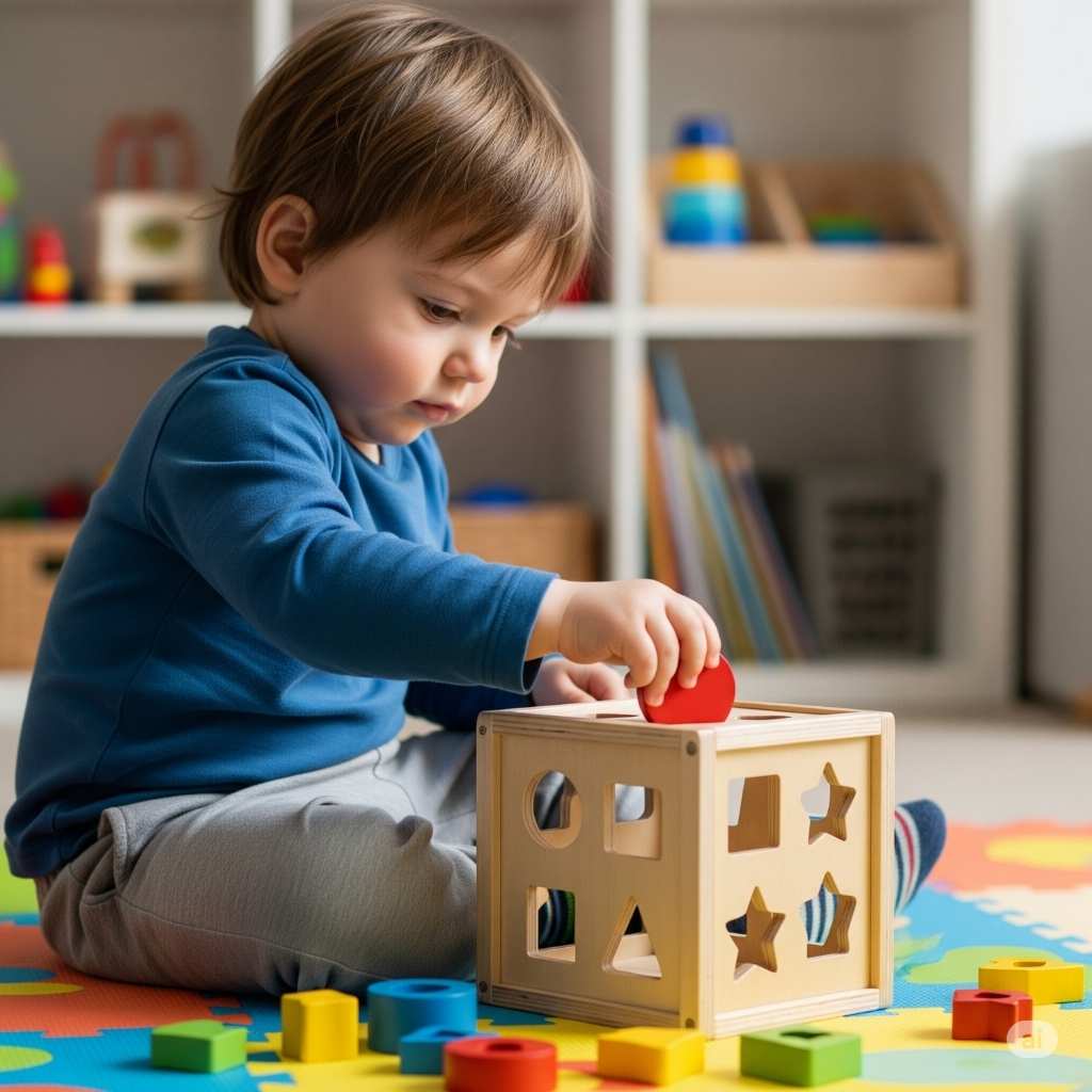 A small child playing quietly with a shape-sorting toy on a soft mat, designed to accompany content discussing signs of autism at 12 months old.