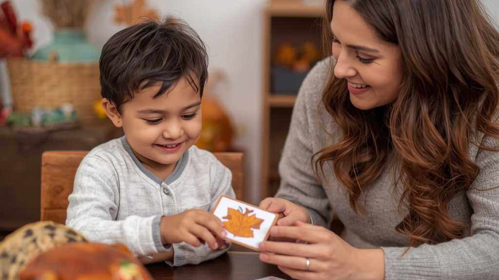 Holidays with Autism: 5 Ways of Creating A Joyful Thanksgiving 4 Child learning Thanksgiving activities with therapist, building social and communication skills for autism and holiday success.