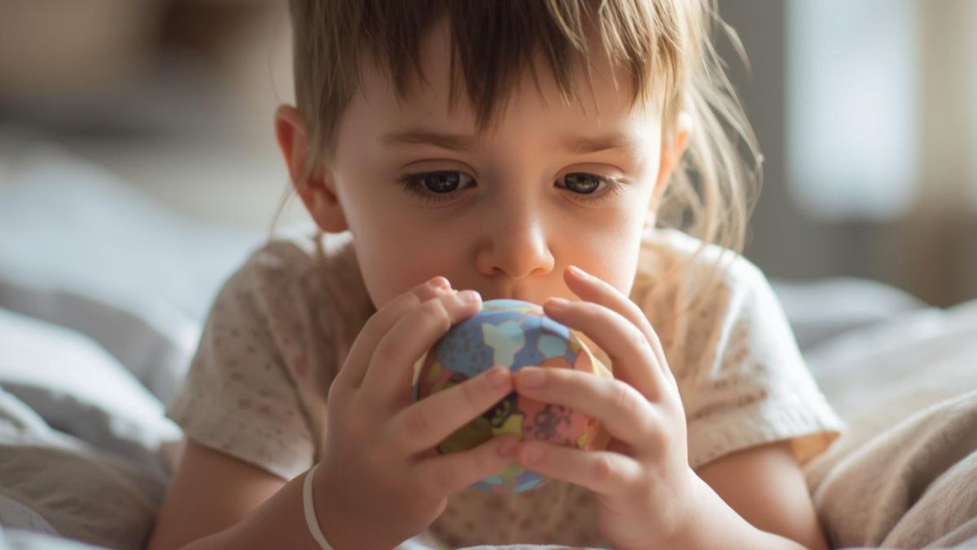 Child using a sensory ball as a coping skill in ABA therapy to help manage anxiety and overwhelming emotions.