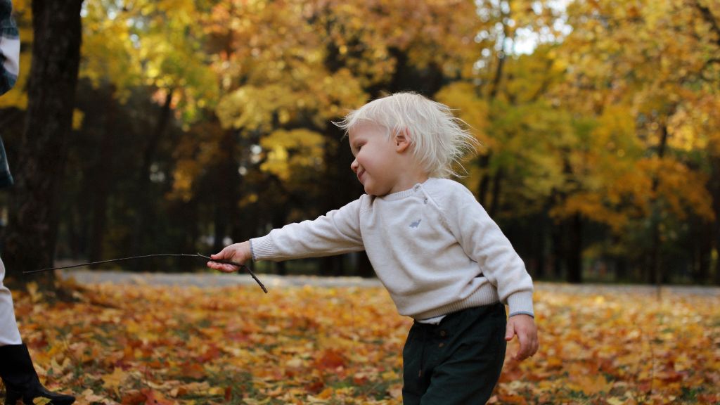 Young child moving through a park while holding a stick