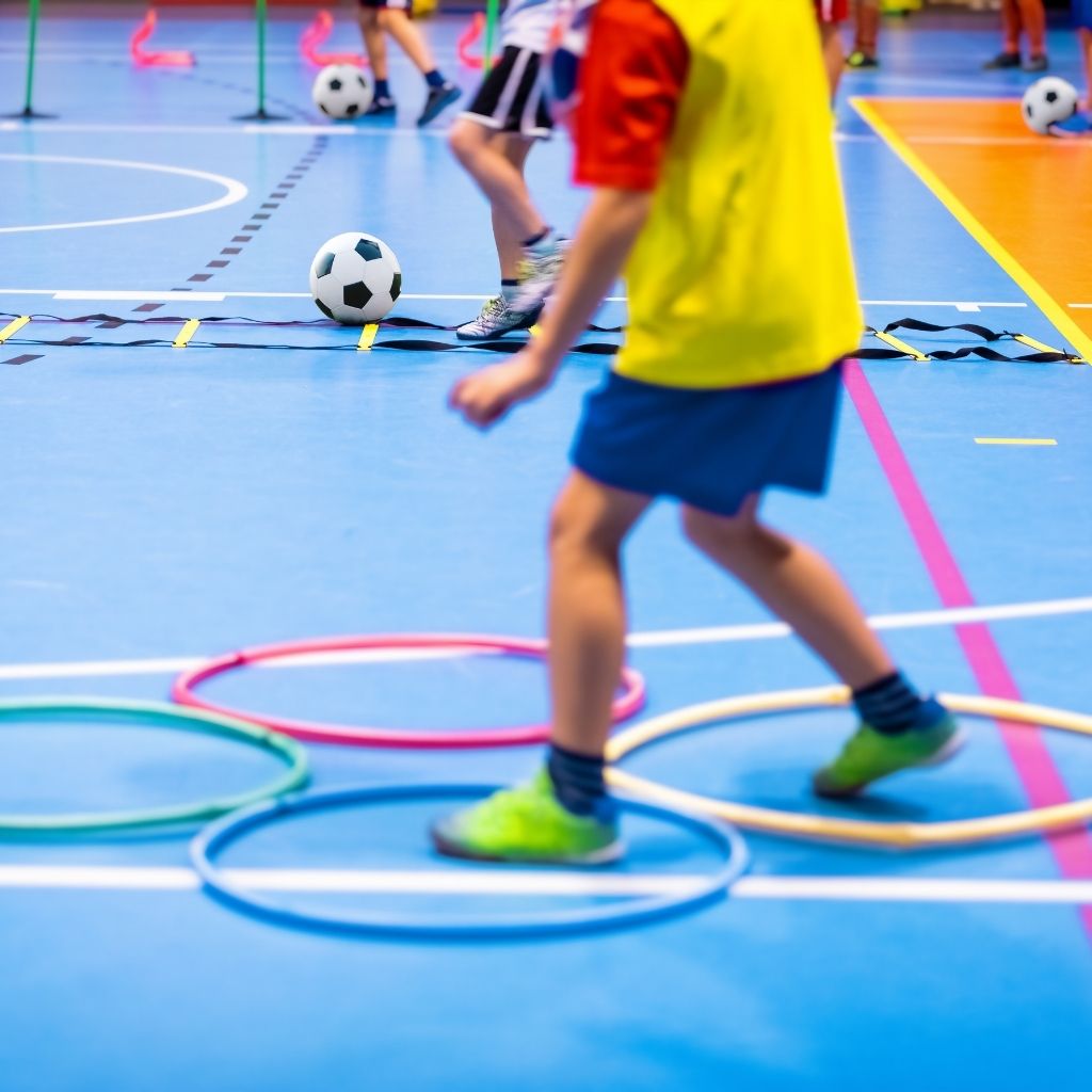 Children participating in indoor soccer drills with colorful hoops and agility equipment, illustrating autism-friendly sports that encourage movement and coordination.